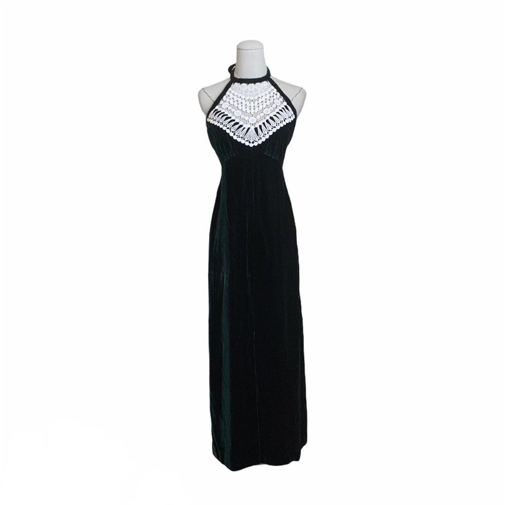 Vintage 60s 70s Green Velvet Halter Crochet Lace Bib Maxi Dress Gunne Whimsigoth